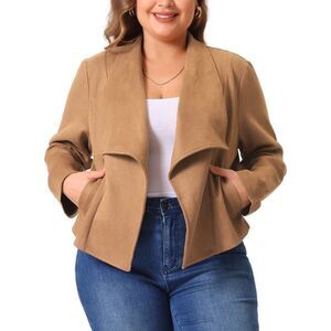 Plus Size Lapel Open Front Cardigans Outerwear Jackets Brown